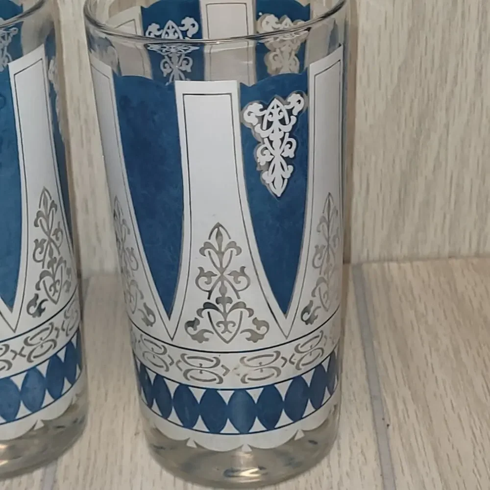 Vtg 1960s MCM Retro Highball Glasses Blue And White Barware Set Of 2 Replcements